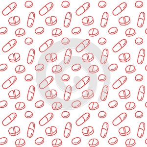 Seamless pattern with medicines, capsules, medicaments, drugs, pills and tablets. Medical pharmacy backgrounds and textures.