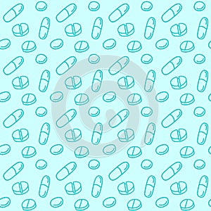 Seamless pattern with medicines, capsules, medicaments, drugs, pills and tablets. Medical pharmacy backgrounds and textures.