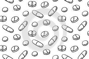 Seamless pattern with medicines, capsules, medicaments, drugs, pills and tablets. Medical pharmacy backgrounds and textures.