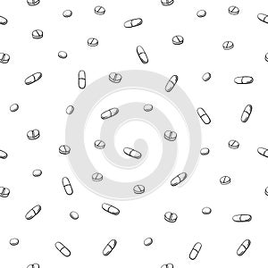 Seamless pattern with medicines, capsules, medicaments, drugs, pills and tablets. Medical pharmacy backgrounds and textures.