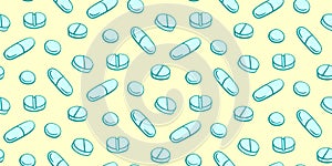 Seamless pattern with medicines, capsules, medicaments, drugs, pills and tablets. Medical pharmacy backgrounds and textures.