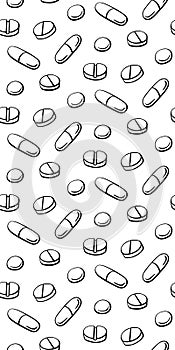 Seamless pattern with medicines, capsules, medicaments, drugs, pills and tablets. Medical texture. Vector illustration