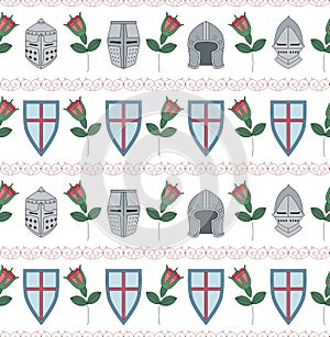 Seamless pattern with medieval helmets, shields and roses