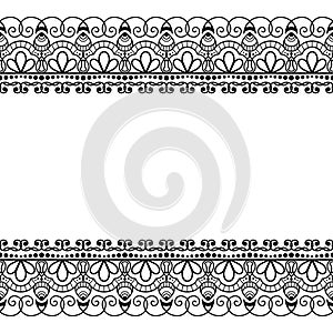 Seamless pattern mehndi borders in Indian style with flowers for tattoo or card on white background.