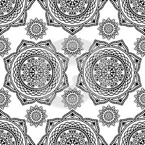 Seamless pattern mehndi floral lace of buta decoration items on white background.
