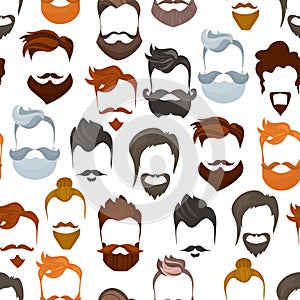 Seamless pattern of men cartoon hairstyles with beards and mustache.Fashionable stylish types lumbersexual or hipsters