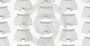 Seamless Pattern Men`s underwear, gray underpants on white background flat lay top view copy space. Fashion blog, natural