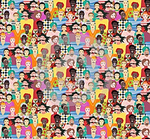 Seamless pattern with men and women of different ages, races and nationalities.Can be used for poster, card, invitation, placard