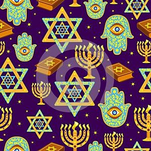 Seamless pattern with Menorah, Star of David, Hamsa and Torah