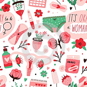 Seamless pattern with menstruation blood, women underwear, menstrual cup, reusable sanitary napkin, uterus and flowers