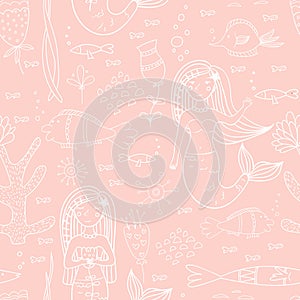 Seamless pattern with mermaid, fishes and coral.