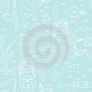 Seamless pattern with mermaid, fishes and coral.