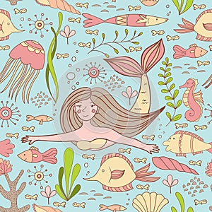 Seamless pattern with mermaid, fishes, coral, shell, seahorse and seaweeds.