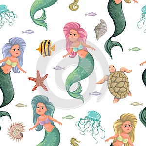 Seamless pattern with mermaid and marine animals. Cartoon sea fauna in watercolor style.