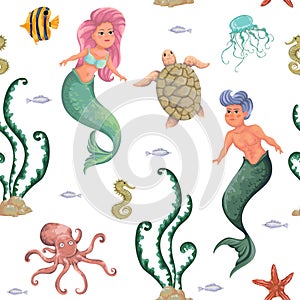 Seamless pattern with mermaid, merman, marine plants and animals. Cartoon sea flora and fauna in watercolor style. photo