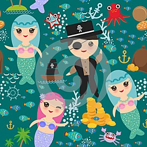 Seamless pattern Mermaid with pirate, boat with sail, gold coins crab octopus starfish island with palm trees anchor compass ancho