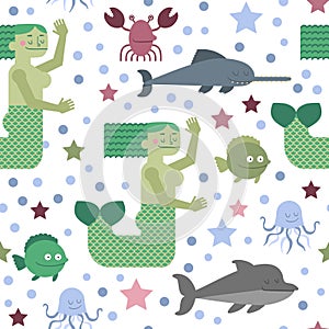 Seamless pattern with mermaid and sea life