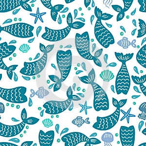 Seamless pattern with mermaid tails, starfishes, jellyfishes, shells. Blue nursery background.