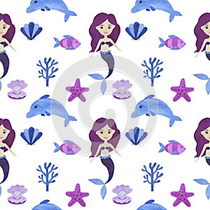 Seamless pattern Mermaid watercolor beautiful children`s illustrations Maritime fairy tale characters collection Underwater scener