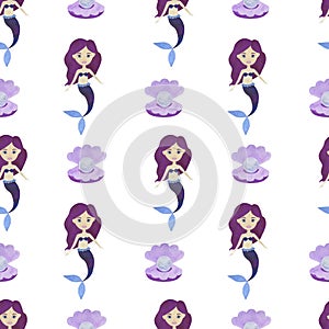 Seamless pattern Mermaid watercolor beautiful children`s illustrations Maritime fairy tale characters collection Underwater scener