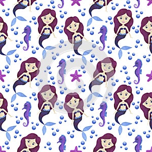 Seamless pattern Mermaid watercolor beautiful children`s illustrations Maritime fairy tale characters collection Underwater scener