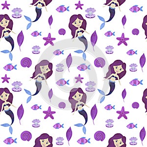 Seamless pattern Mermaid watercolor beautiful children`s illustrations Maritime fairy tale characters collection Underwater scener