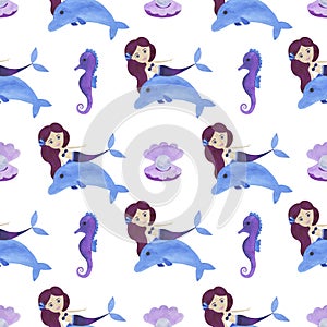 Seamless pattern Mermaid watercolor beautiful children`s illustrations Maritime fairy tale characters collection Underwater scener