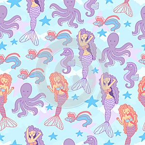 Seamless pattern with mermaids