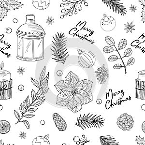 Seamless pattern Merry Christmas decor. Baubles, light bulbs, glass, tree twig, orange, cinnamon, candle, pine cone, candlestick.