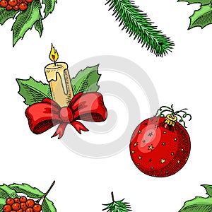 Seamless pattern Merry Christmas xmas New Year. winter holiday decoration. candle and holly lollipop, spruce branch