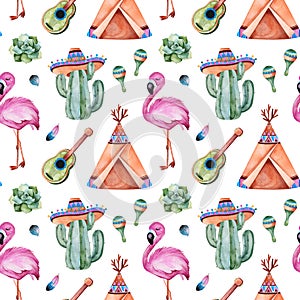 Seamless pattern with mexican ethnic elements:cactus,sombrero,maracas,teepee,guitar,flamingo