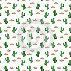 Seamless pattern Mexican sombrero hat and cactus on white background wallpaper textile vector giftwrap photo