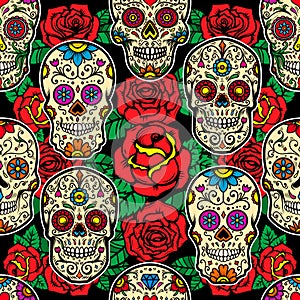 Seamless pattern with mexican sugar skulls and roses. Design element for poster, card, banner, clothes decoration.