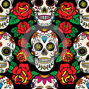 Seamless pattern with mexican sugar skulls and roses. Design element for poster, card, banner, clothes decoration.