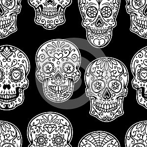 Seamless pattern with mexican sugar skulls and roses. Design element for poster, card, banner, clothes decoration.