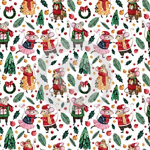 Seamless pattern with mice in winter sweaters and New Year hats on the white background with  gifts, stars, christmas toys