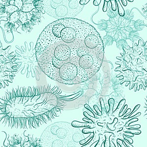 Seamless pattern with microbes and viruses. Vintage design set.
