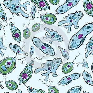 Seamless pattern with microorganisms on blue background