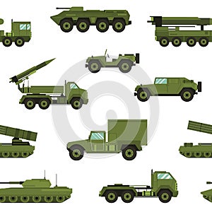 Seamless pattern with military transport on white background - tank, artillery tractor, rocket launching system