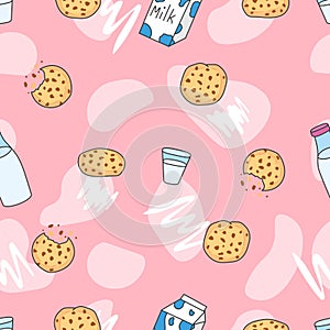Seamless pattern with milk bottle and sweet tasty biscuit cookies with chocolate pieces, editable vector illustration