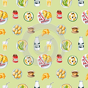 Seamless pattern with milk, toast, cereals, cheese, bacon, jam, cup, juice, oil, eggs. Isolated on green hand drawn illustration