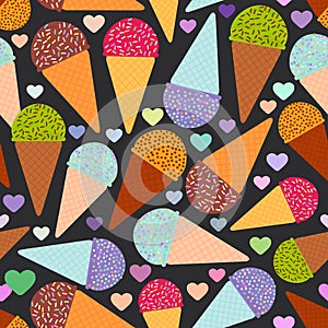 Seamless pattern with mint raspberry chocolate Ice cream waffle cone, pastel colors black polka dot black background with hearts.