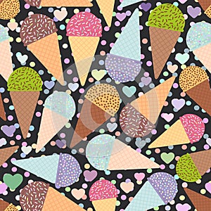 Seamless pattern with mint raspberry chocolate Ice cream waffle cone, pastel colors black polka dot black background with hearts.