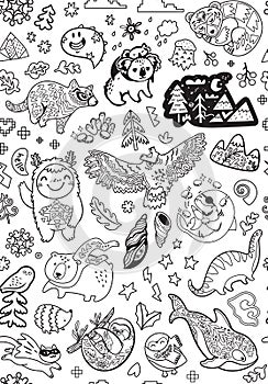 Seamless pattern with mix doddle animals in cartoon style.