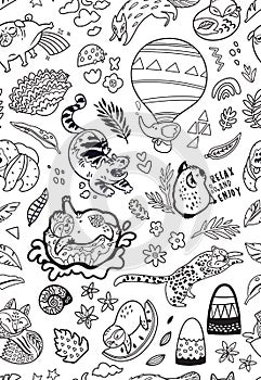 Seamless pattern with mix doddle animals in cartoon style. Black and white vector background