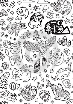 Seamless pattern with mix doddle animals in cartoon style. photo