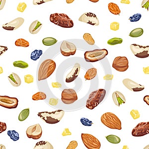 Seamless pattern with mix of dried fruits, nuts and seeds on a white background. Vector illustration