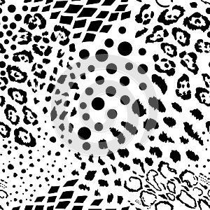 Seamless pattern from a mixture of abstract patches of animal skin, leopard, snake, geometric shapes. Safari africa design