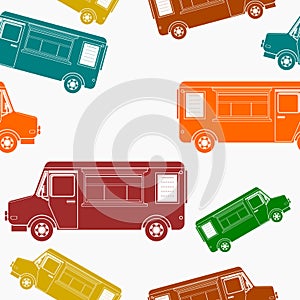 Seamless Pattern of Mobile Food Trucks with Menu Board Vector Illustration