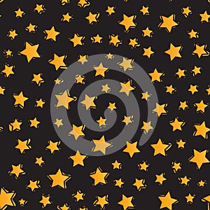 Seamless pattern. Modern Bright design for kids Vector Abstract orange star isolated on a black background.